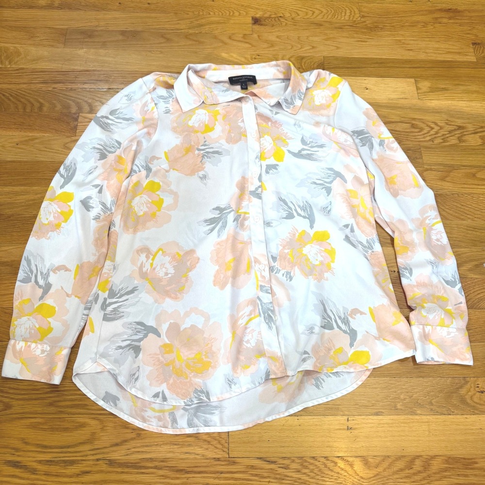Banana Republic Womens Floral Button Down Shirt Classic Fit White Peach Yellow L
